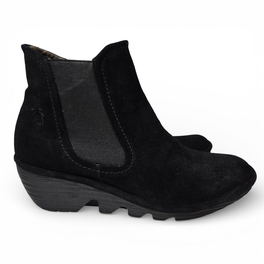 Fly London Phil Black Suede Chelsea Wedge Ankle Booties Slip On 9/9.5